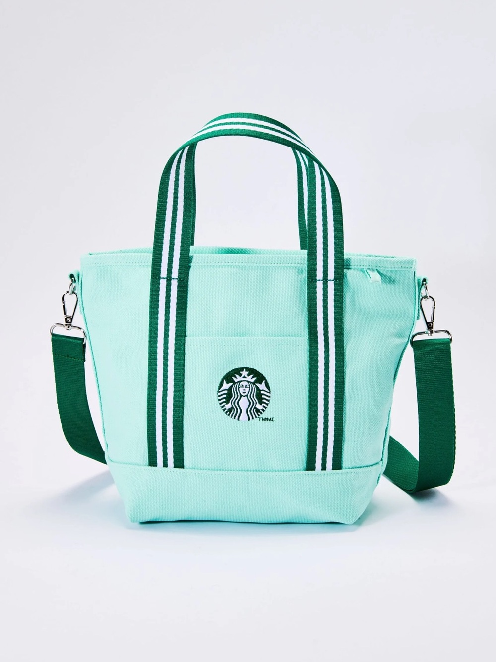 New Starbucks Summer Mint Green Canvas Tote with Dark Green Striped Handles